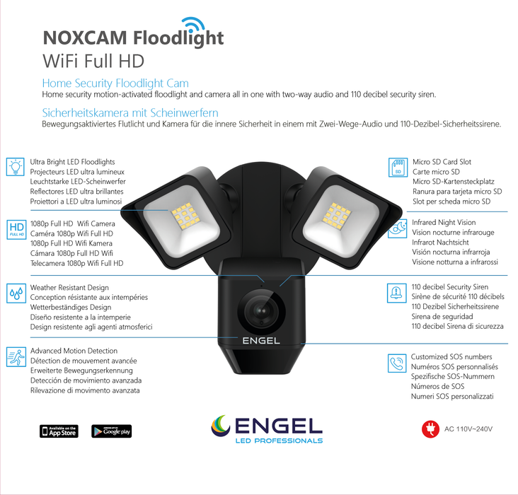 Engel NoxCam Floodlight Cam WiFi Full-HD Black – smarte Außenleuchte mit integrierter Sicherheitskamera