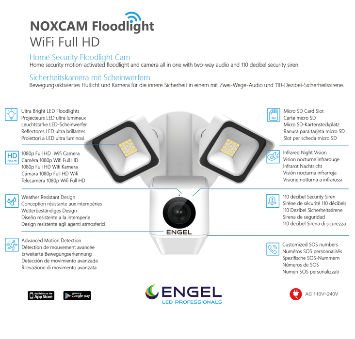 Engel NoxCam Floodlight Cam WiFi Full-HD Black – smarte Außenleuchte mit integrierter Sicherheitskamera